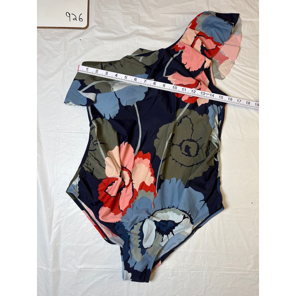 Motherhood Maternity One Shoulder Ruffle Floral Swimsuit Navy Blue Pink Size L - Picture 2 of 11